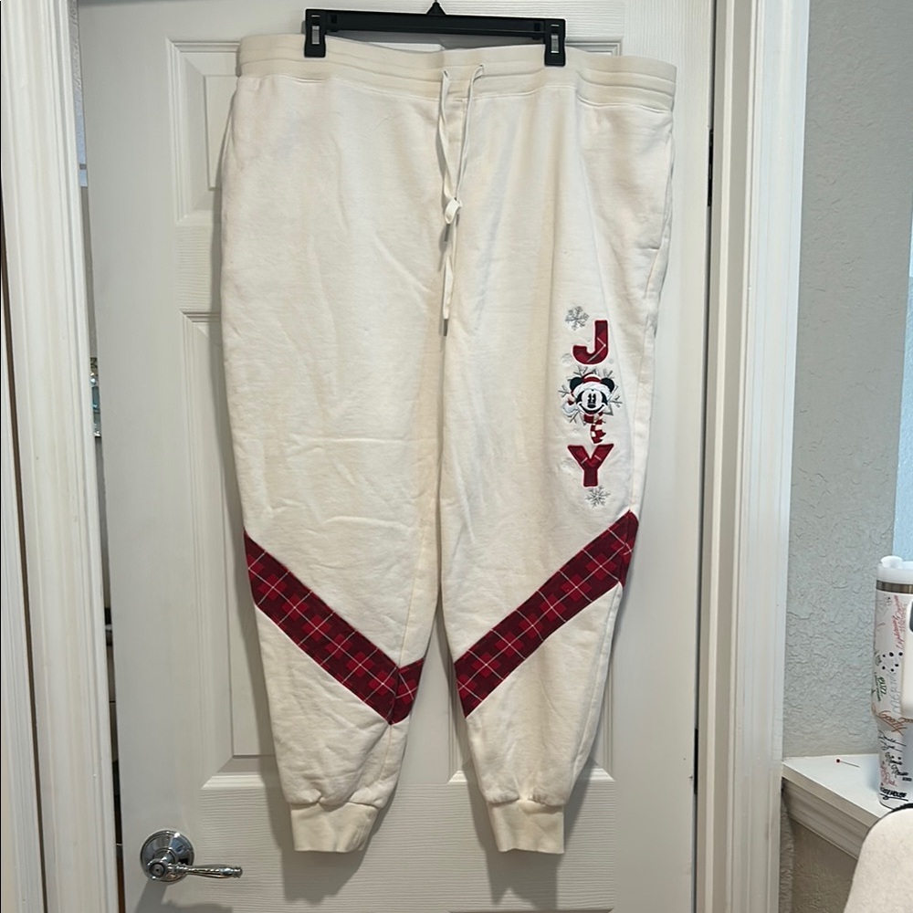 Disney Mickey Mouse Cream Joggers with Red Plaid JOY Accents Size 1x